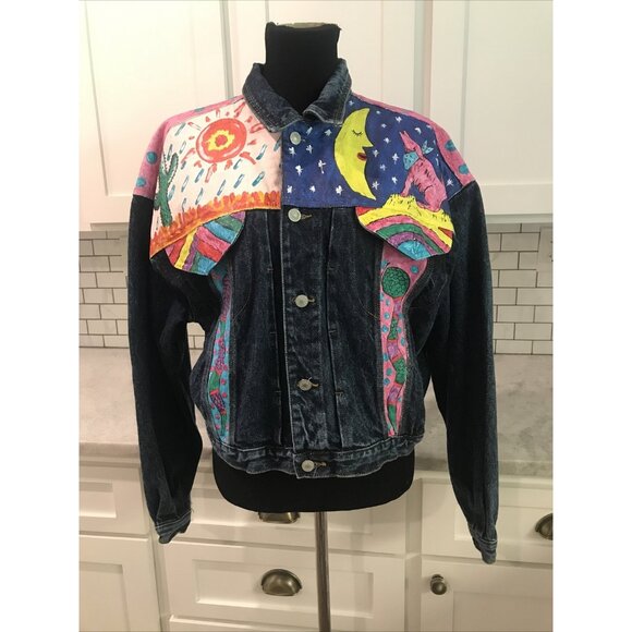 Vintage Jordache Denim Jacket Womens Medium Hand Painted Southwest 80s Y2K USA